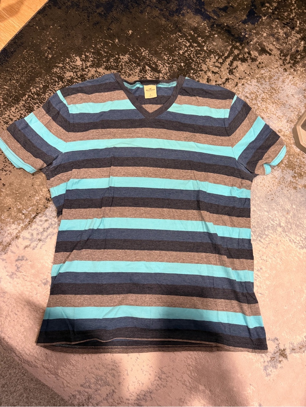 Striped V-Neck Tee in Aqua, Navy & Gray